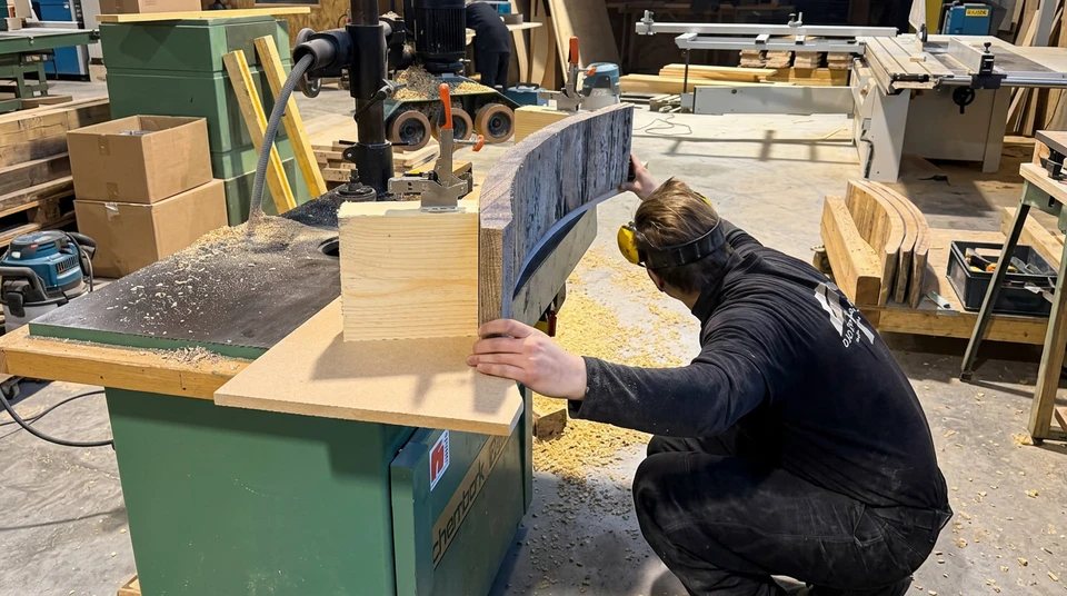 Atelier de menuiserie avec établi en bois massif équipé d'un étau