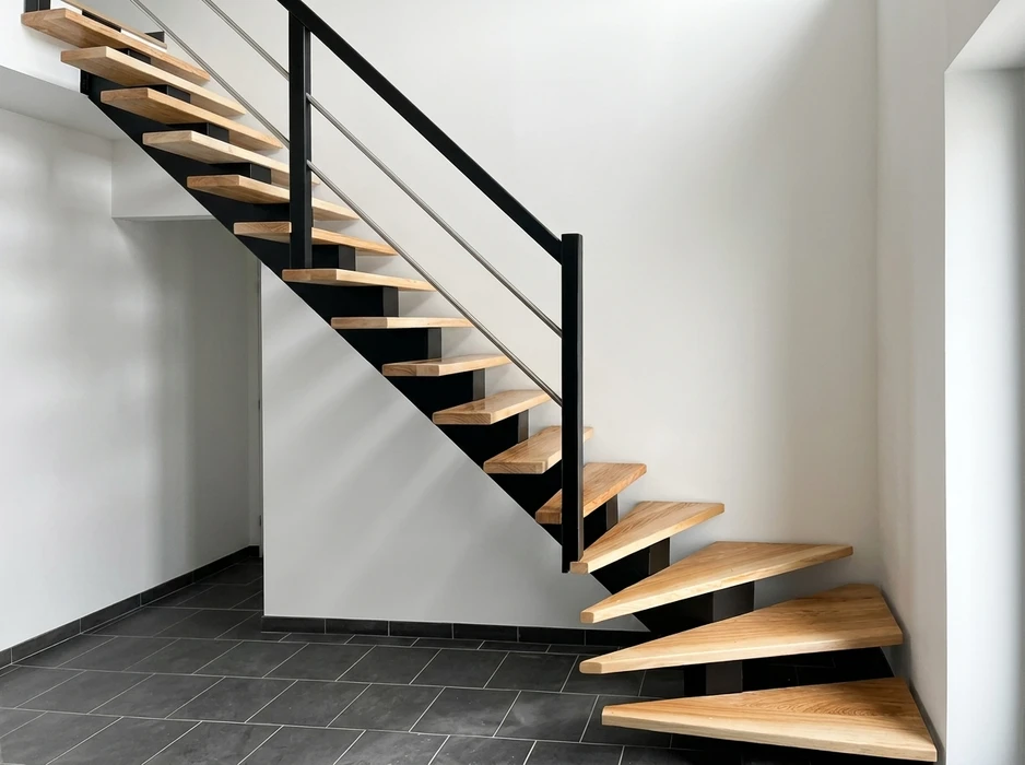 Escalier intérieur tournant avec marches en bois massif chêne naturel, contremarches blanches laquées