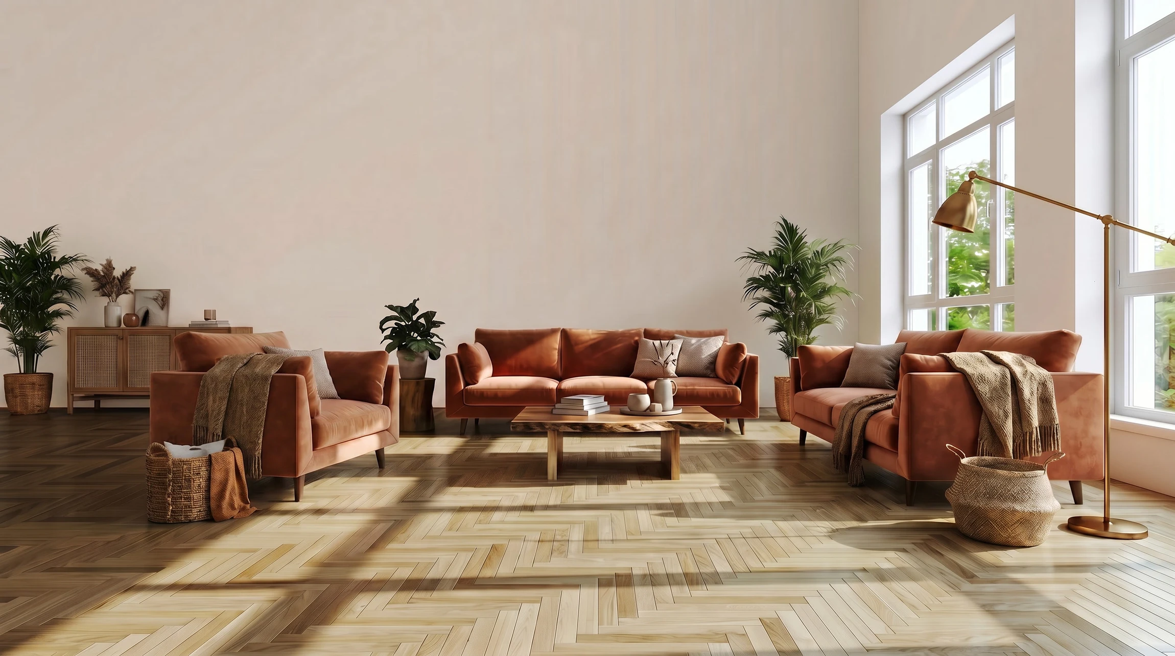 Intérieur avec plancher en bois naturel aux teintes chaleureuses, éclairage directionnel créant un dégradé lumineux de gauche à droite